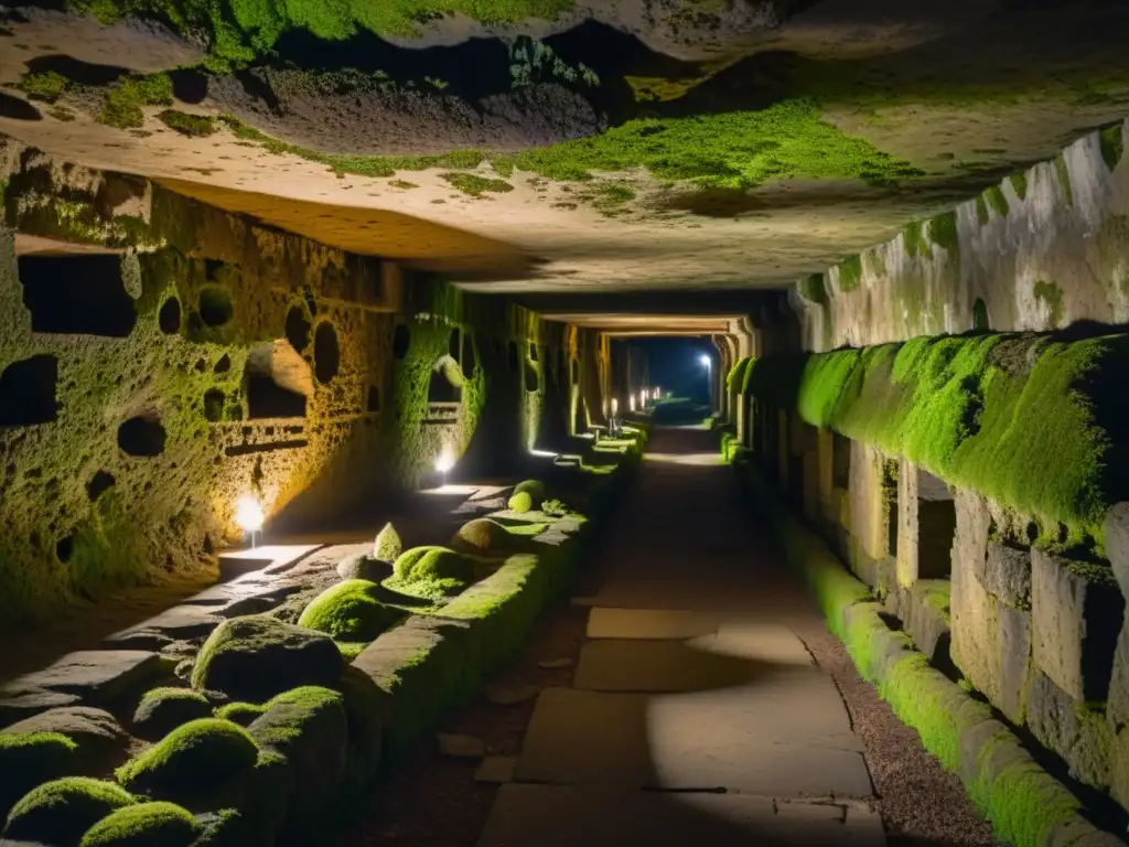 Exploración de catacumbas en pasaje estrecho iluminado por antorchas, ambiente misterioso y ancestral