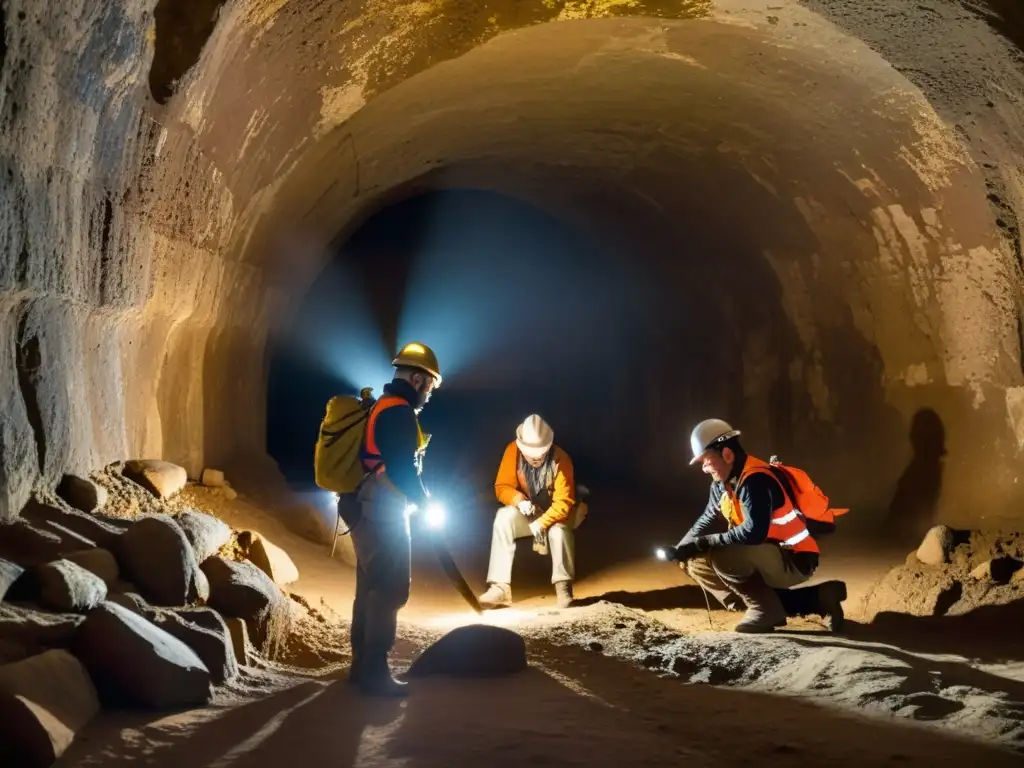 Exploración cautelosa de túneles históricos por arqueólogos, con equipos de protección y linternas