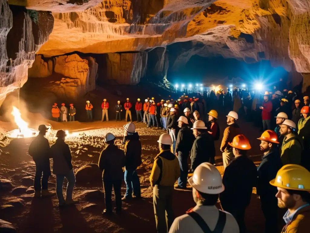 Exploración en caverna iluminada por antorchas, turismo subterráneo preservación histórica