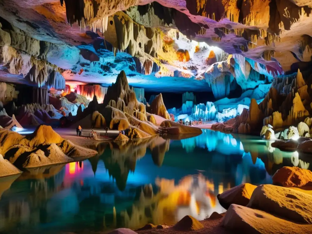 Exploración de caverna subterránea con formaciones rocosas iluminadas, reflejadas en aguas cristalinas