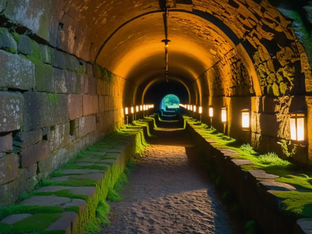 Exploración en ciudades subterráneas: túnel antiguo iluminado por linternas, misteriosa figura al fondo