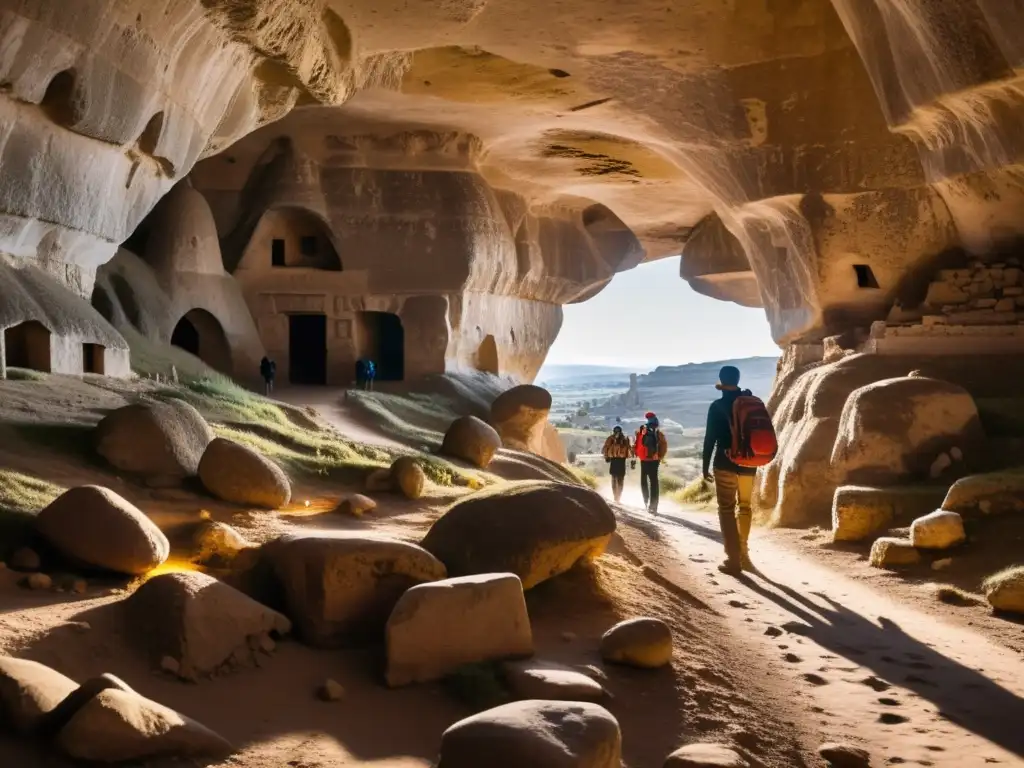 Exploración en ciudades subterráneas de Cappadocia Anatolia: túnel subterráneo iluminado con exploradores distantes