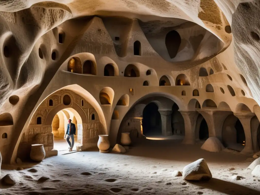 Exploración de las ciudades subterráneas de Cappadocia, Anatolia: cámara subterránea iluminada, figuras explorando, misterio y texturas de la piedra