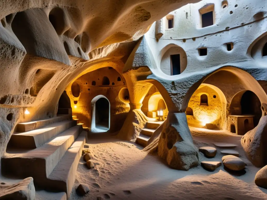 Exploración en ciudades subterráneas: Intricadas cámaras y túneles iluminados de la antigua ciudad subterránea de Cappadocia, con visitantes equipados con guías de exploración y linternas