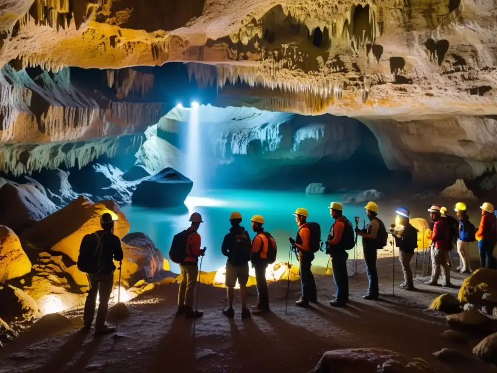 Exploración de una cueva subterránea con turistas y guía, resaltando la aventura y descubrimiento en el turismo subterráneo