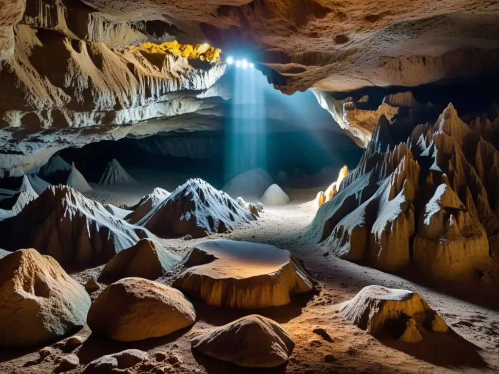 Exploración en cuevas históricas con guías de turismo, misterio y aventura en una cueva subterránea iluminada por linternas