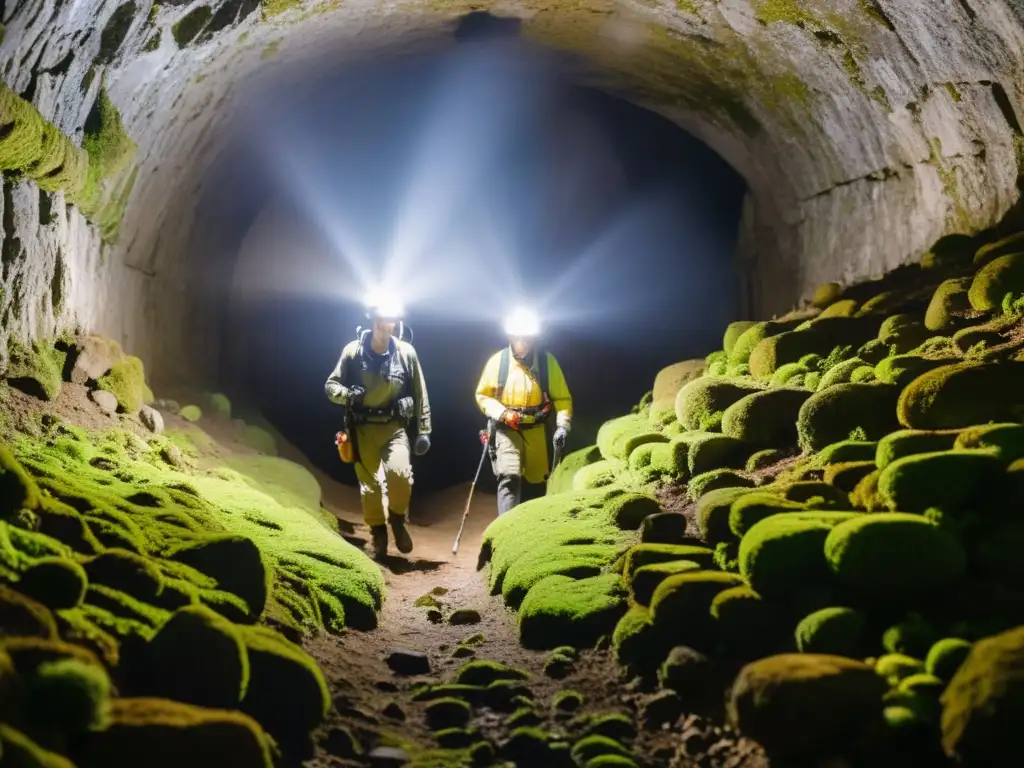 Exploración cuidadosa de conservadores en túneles subterráneos históricos iluminados, utilizando drones para preservación