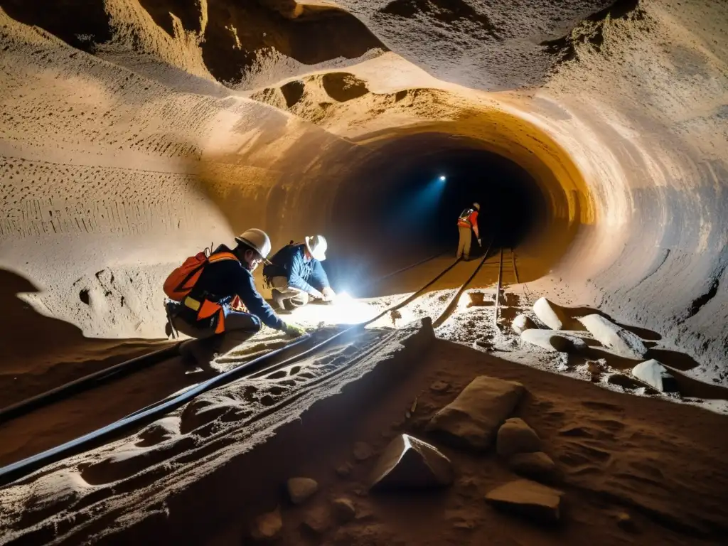 Exploración detallada de túneles históricos comerciales por arqueólogos, desvelando secretos antiguos entre sombras y luz