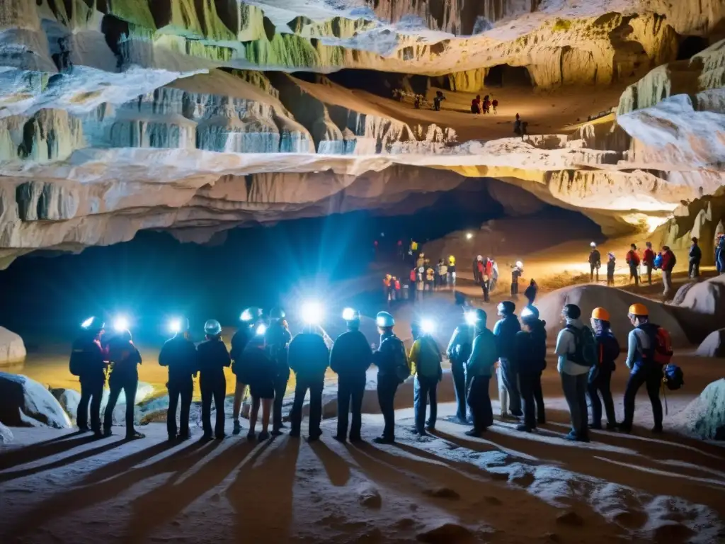 Exploración emocionante en cuevas subterráneas con guía y turistas usando linternas