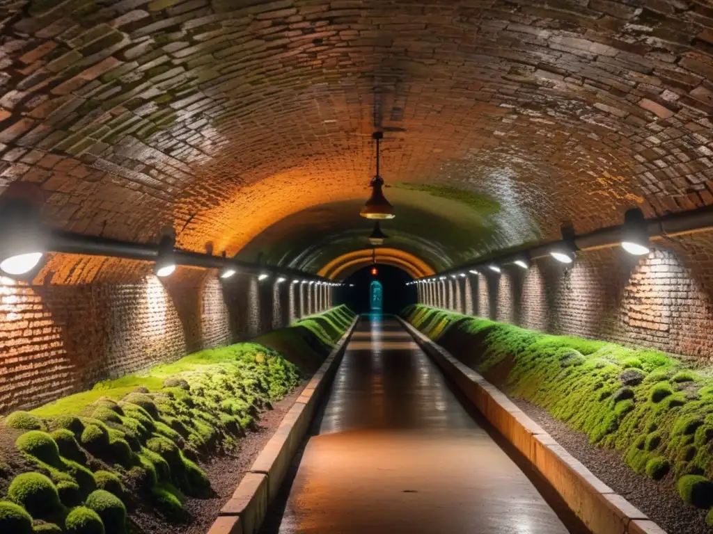 Exploración fascinante en un túnel histórico subterráneo, iluminado por cálidas luces