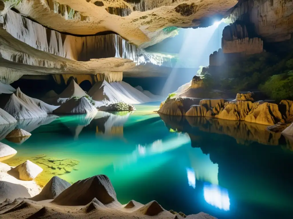 Exploración en el Gran Sótano del Barro en México, maravilla geológica de formaciones de piedra caliza, río subterráneo y atmósfera surrealista