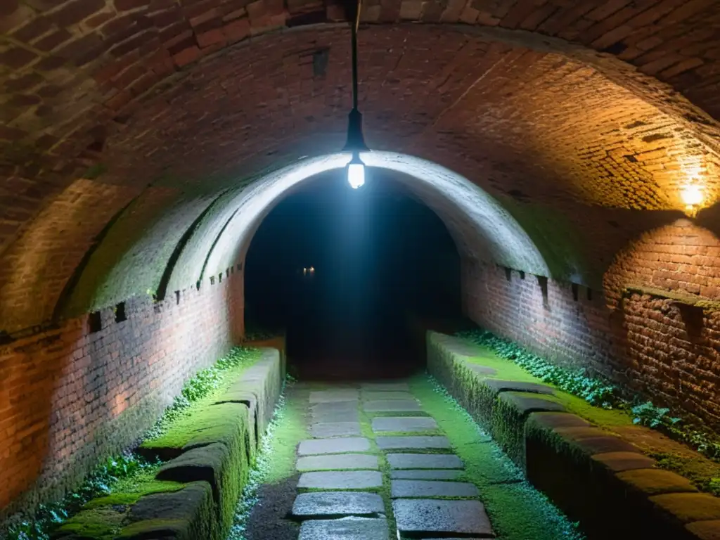 Exploración guiada en misterioso túnel subterráneo con antiguos arcos de ladrillo, musgo y luz de linterna