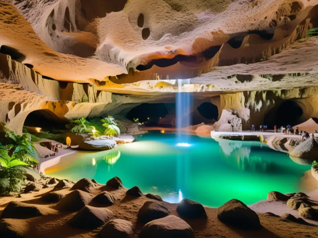 Exploración de una impresionante caverna subterránea con formaciones rocosas, piscinas cristalinas y vegetación exuberante