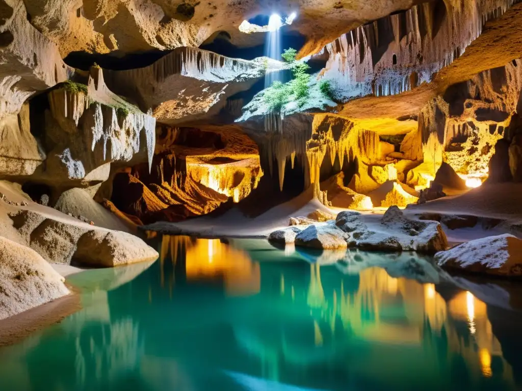 Exploración de las impresionantes grutas subterráneas Skocjan con estalactitas y estalagmitas, iluminadas por luz tenue