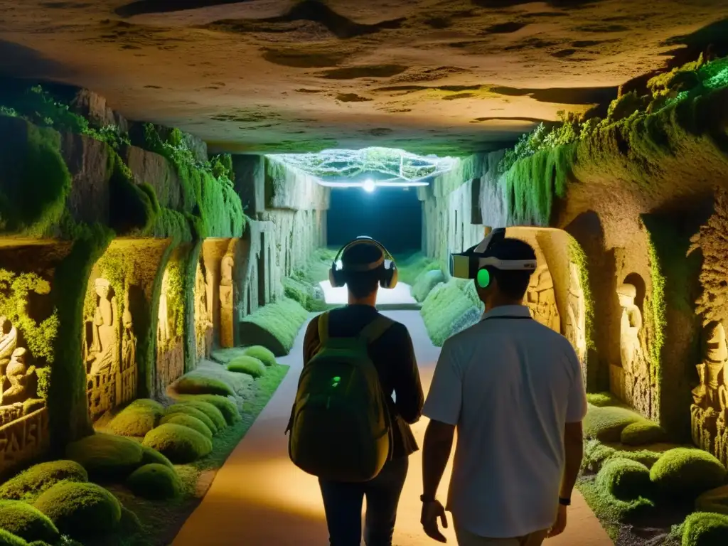 Exploración inmersiva en catacumbas con realidad aumentada, fusionando pasado y presente