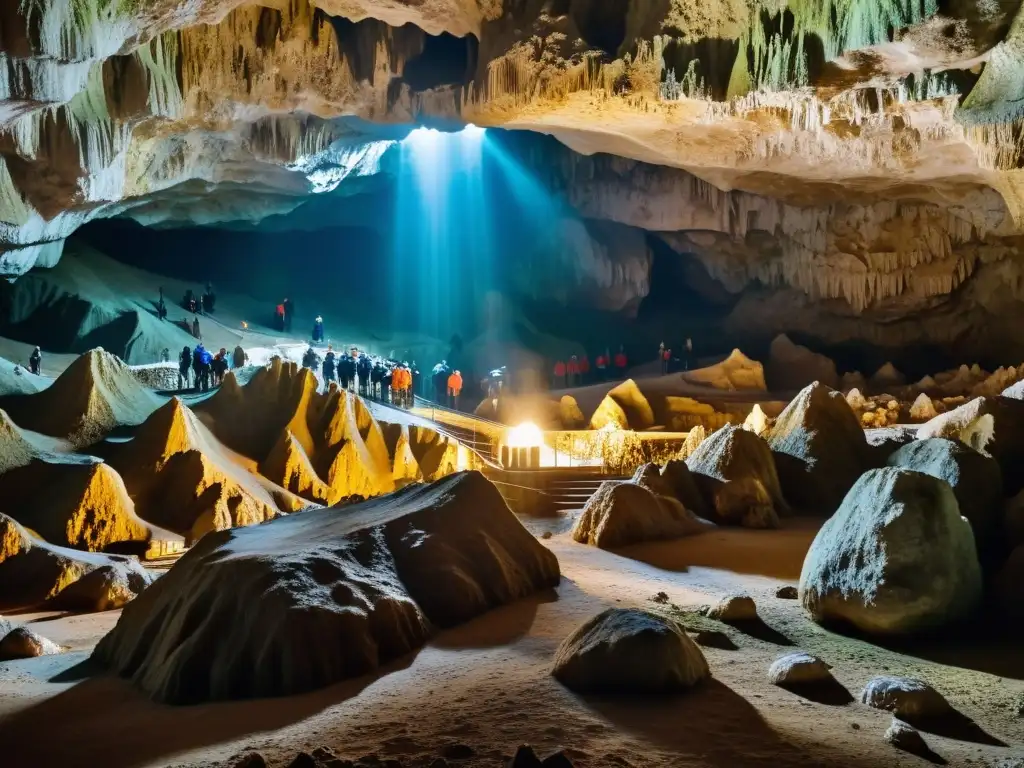 Exploración de grutas subterráneas Skocjan: Intrincadas formaciones de piedra caliza iluminadas por luz natural en las vastas cámaras subterráneas