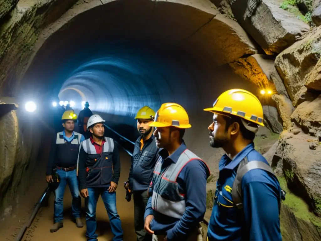 Exploración del Túnel de la Línea en Colombia: ingenieros y trabajadores exploran con linternas y equipos de medición, revelando la historia y la ingeniería de este impresionante túnel histórico