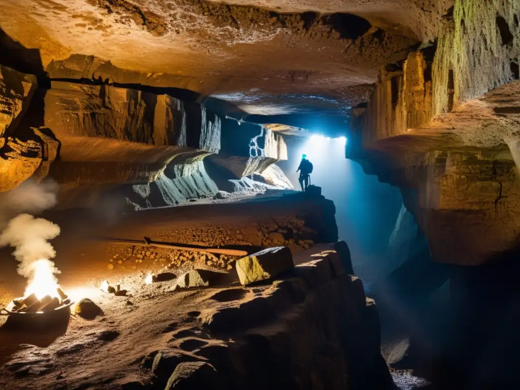 Exploración de mina prehistórica con lucha contra la humedad, herramientas antiguas y atmósfera misteriosa