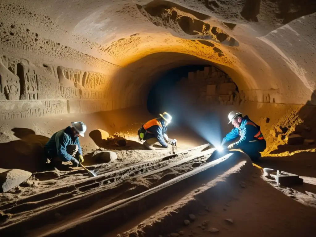 Exploración minuciosa de túneles antiguos, revelando historias enterradas por arqueólogos con linternas