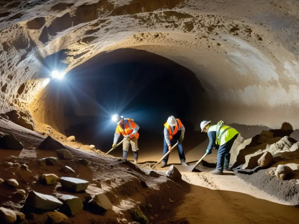 Exploración minuciosa de túneles históricos por especialistas en la sombra, desenterrando artefactos con herramientas delicadas