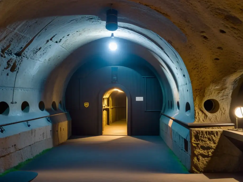 Exploración de refugio antiatómico Suecia Boden Fortress: red de túneles históricos iluminados y visitantes, evocando su significado