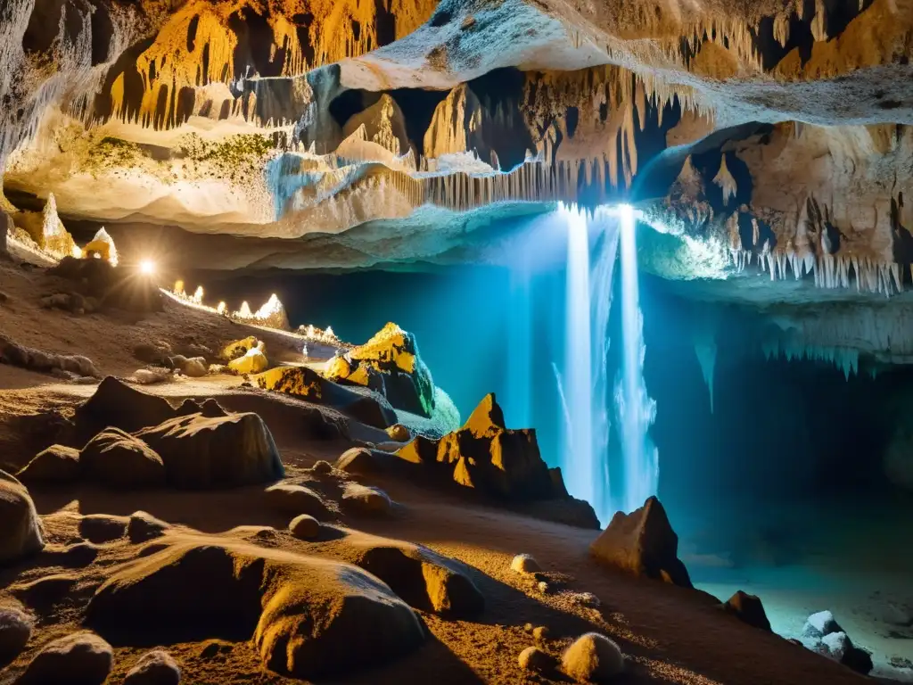 Exploración de la ruta subterránea de las Grutas de Skocjan: maravilloso paisaje de estalactitas y estalagmitas iluminado por luz natural