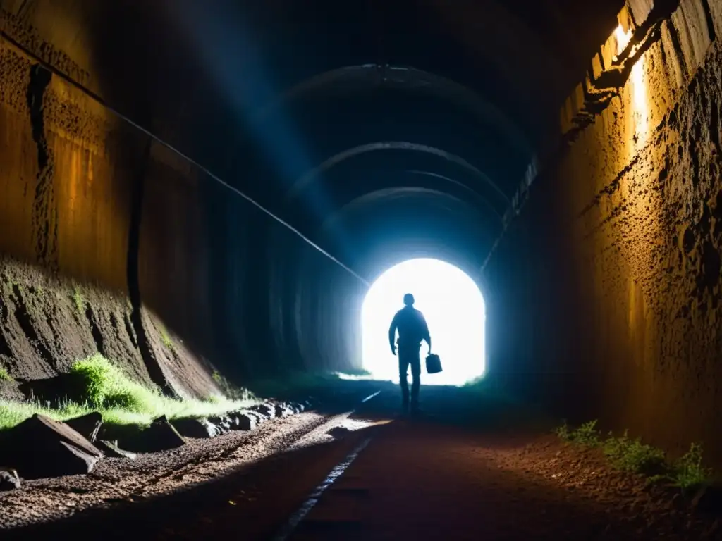 Exploración solitaria en un túnel abandonado, evocando supervivencia en túneles abandonados