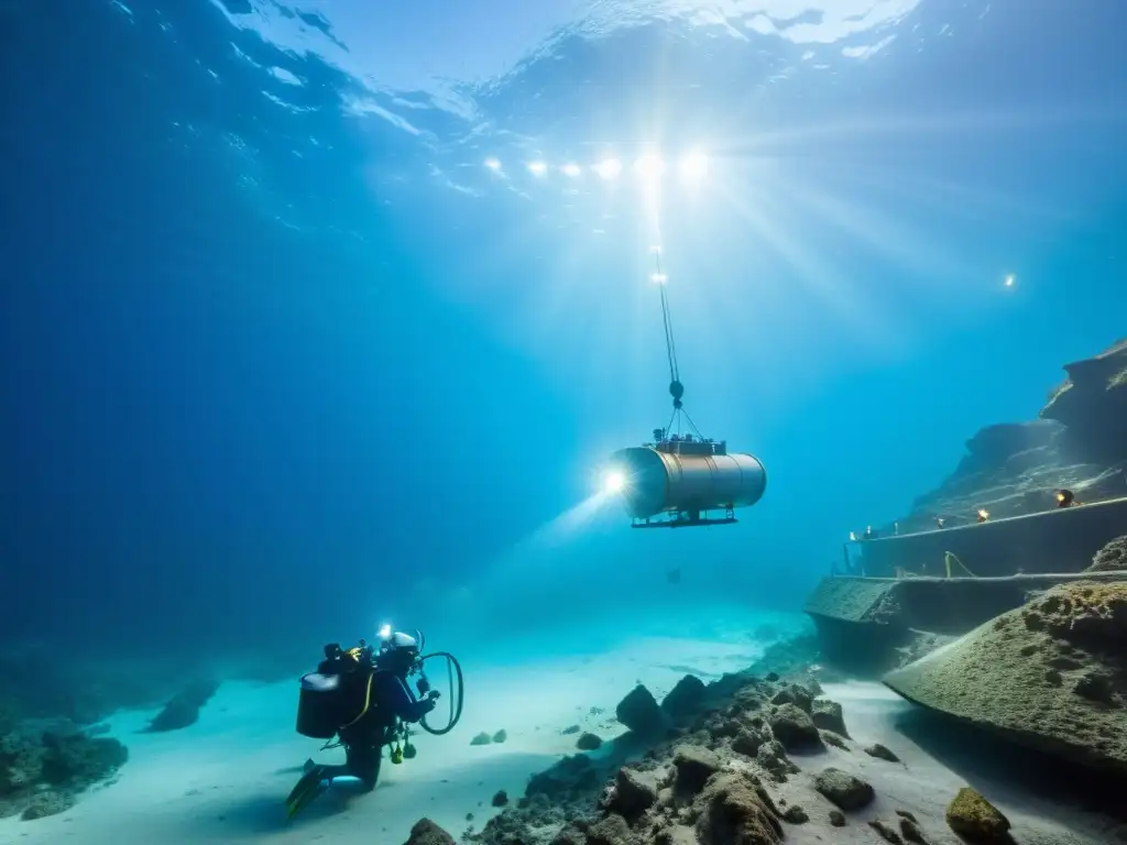 Exploración de túneles subterráneos mar: Máquina de perforación submarina cortando roca con ingenieros y buzos alrededor, iluminada por potentes focos