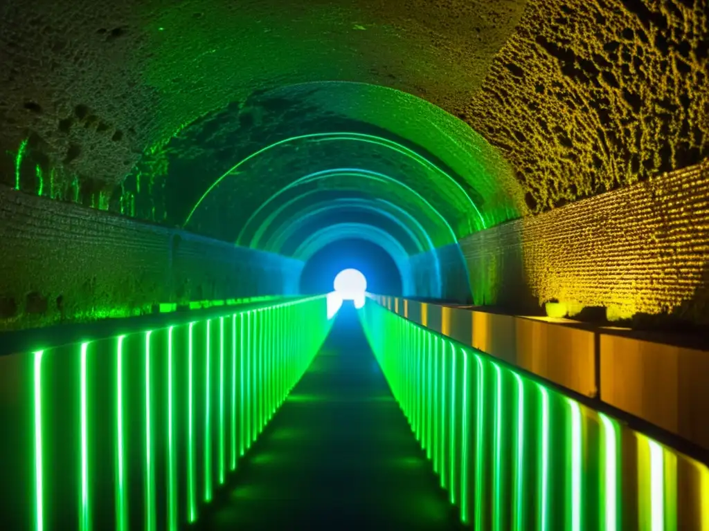 Exploración láser de túnel histórico revela secretos Exploración con tecnología LIDAR en túneles históricos: sensor escanea detalles arquitectónicos de túnel antiguo cubierto de musgo, revelando pasajes ocultos con un brillo futurista