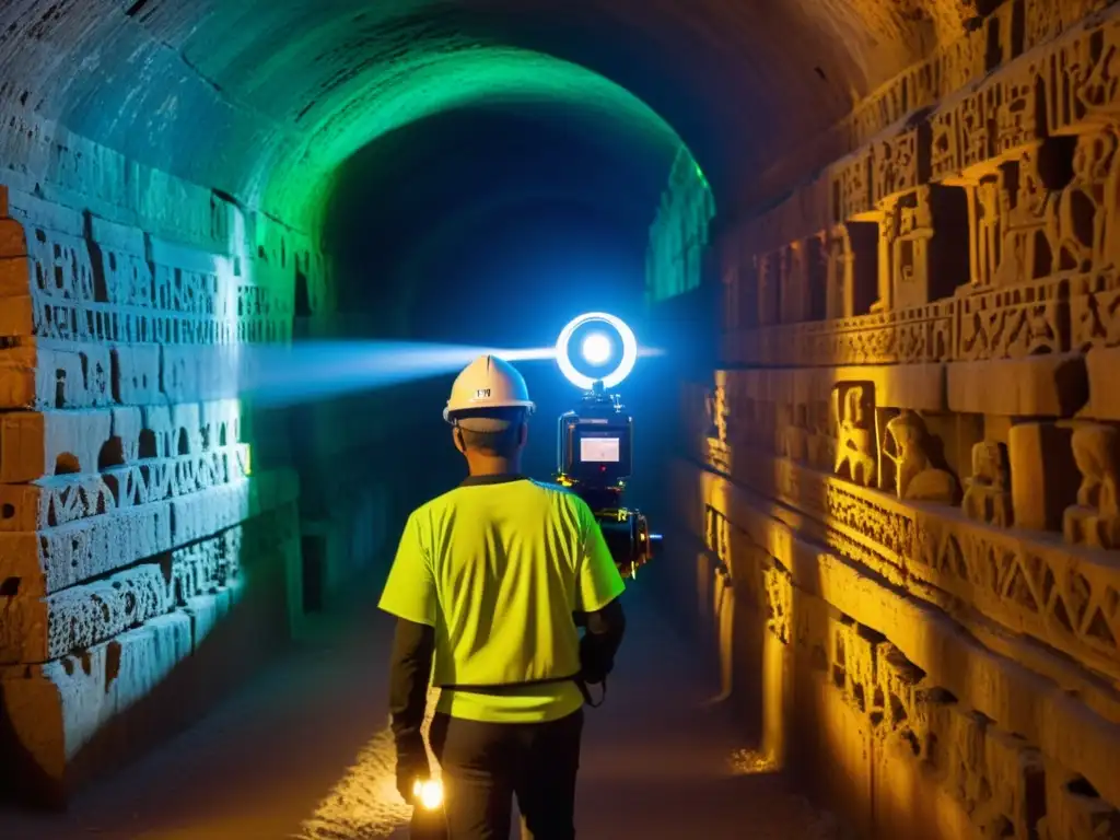 Exploración robotizada revela secretos en túnel histórico Exploración con tecnología LIDAR en túneles históricos: equipo y antiguas paredes iluminadas por láser