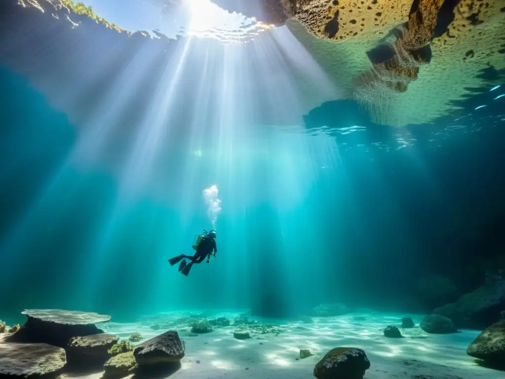 Exploración de tours subacuáticos en cenotes con formaciones rocosas iluminadas y agua cristalina en un cenote impresionante de 8k