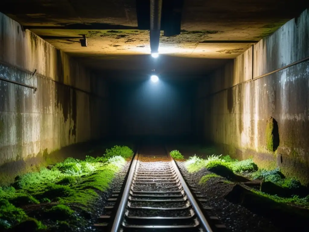 Exploración en túneles abandonados: un oscuro túnel subterráneo con paredes cubiertas de musgo y sombras misteriosas