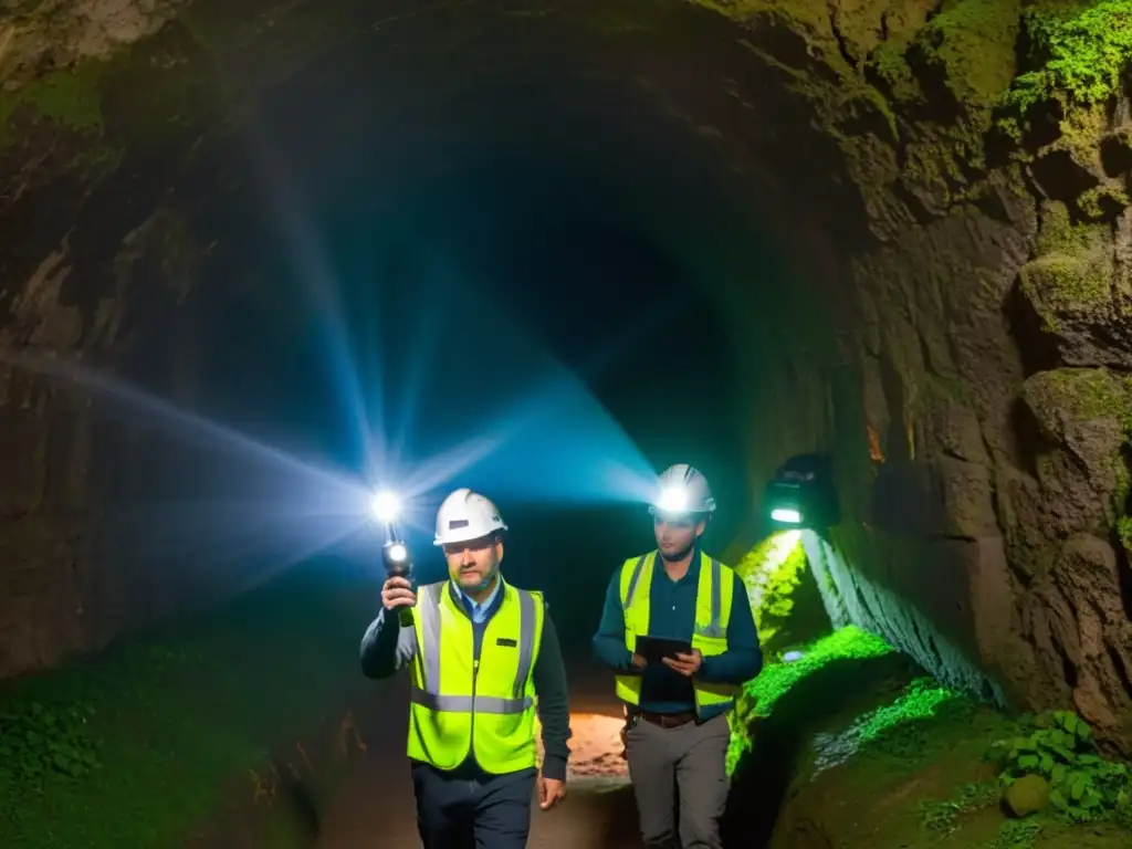 Exploración de túneles antiguos con drones: equipo de investigación explora una antigua galería con drones y tecnología de vanguardia