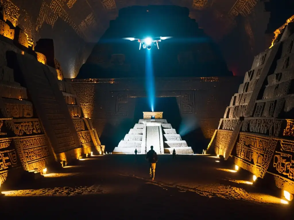 Exploración de túneles antiguos iluminados por un dron bajo la pirámide de Teotihuacán