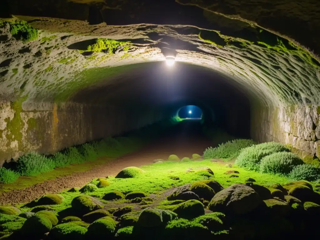 Exploración en túneles antiguos de Tomb Raider: un túnel subterráneo iluminado por antorchas, con paredes de piedra cubiertas de musgo antiguo