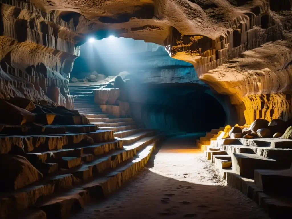 Exploración de túneles históricos acceso público: túnel subterráneo misterioso con formaciones rocosas y sendero estrecho, invitando a la exploración