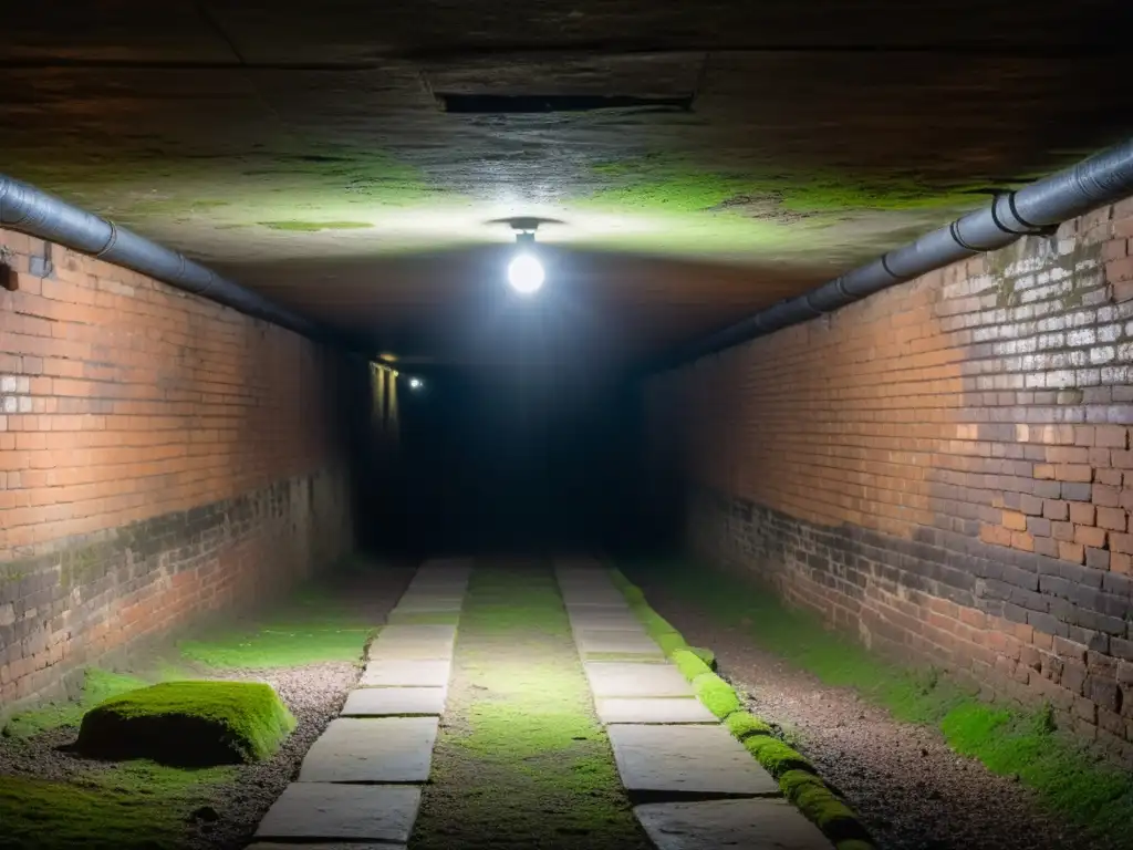 Exploración de túneles históricos acceso público: túnel subterráneo iluminado por una sola bombilla, paredes de ladrillo y musgo, atmósfera misteriosa