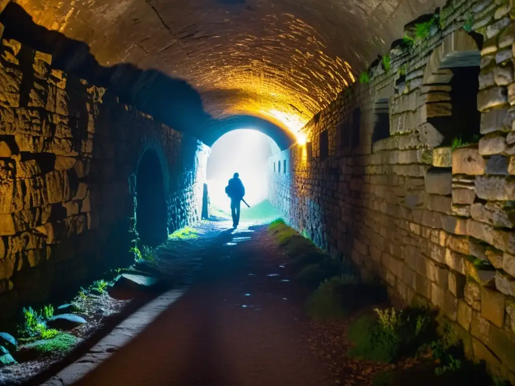 Exploración de túneles históricos: Antiguo túnel oscuro con sombras misteriosas y símbolos en las paredes, iluminado por una antorcha titilante