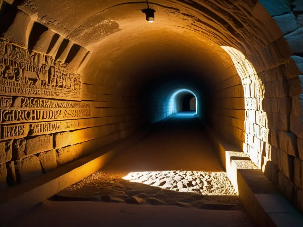 Exploración de túneles históricos: Antiguo túnel iluminado por antorchas revela inscripciones y carvings en piedra