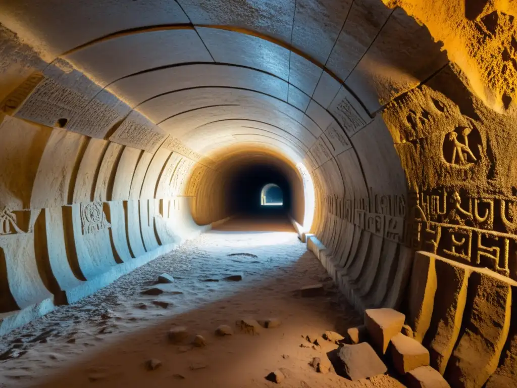 Exploración de túneles históricos por arqueólogos, iluminados por luz dorada