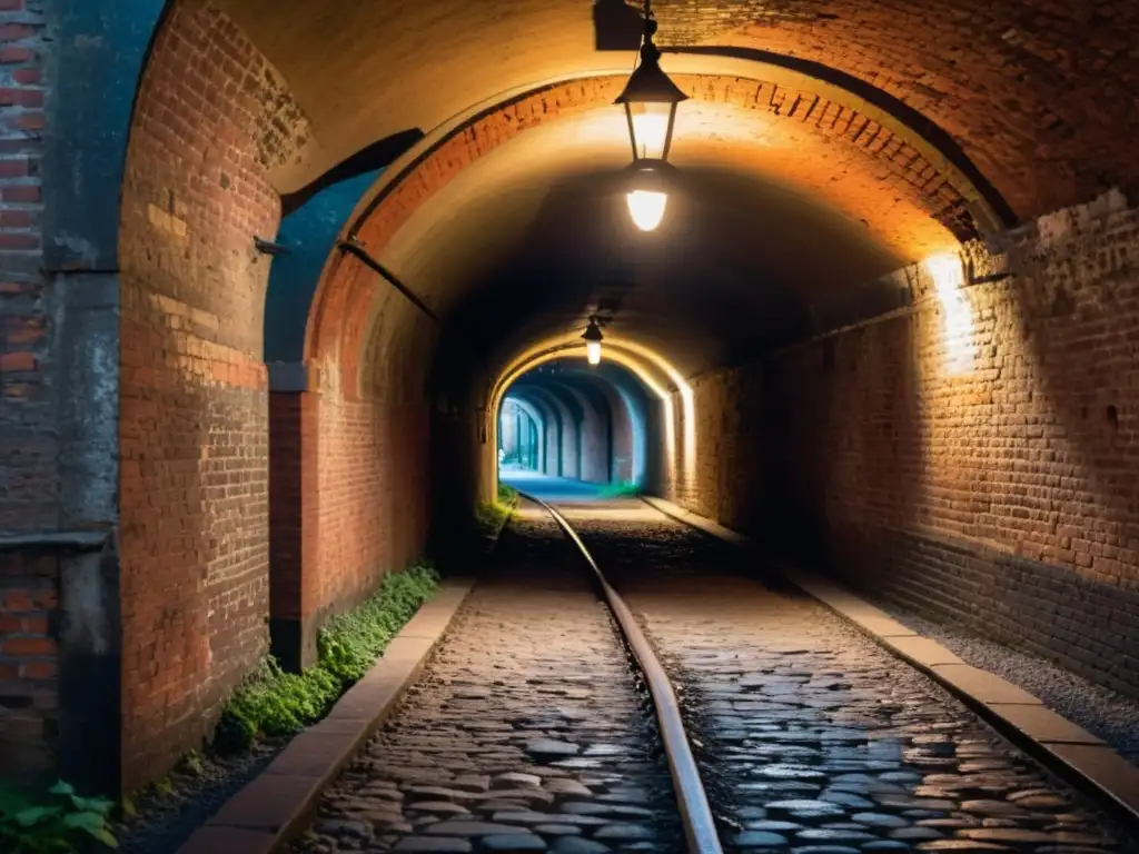 Exploración de túneles históricos comerciales en un pasaje subterráneo iluminado por tenues faroles, revelando la historia en sus paredes y suelos de adoquines desgastados