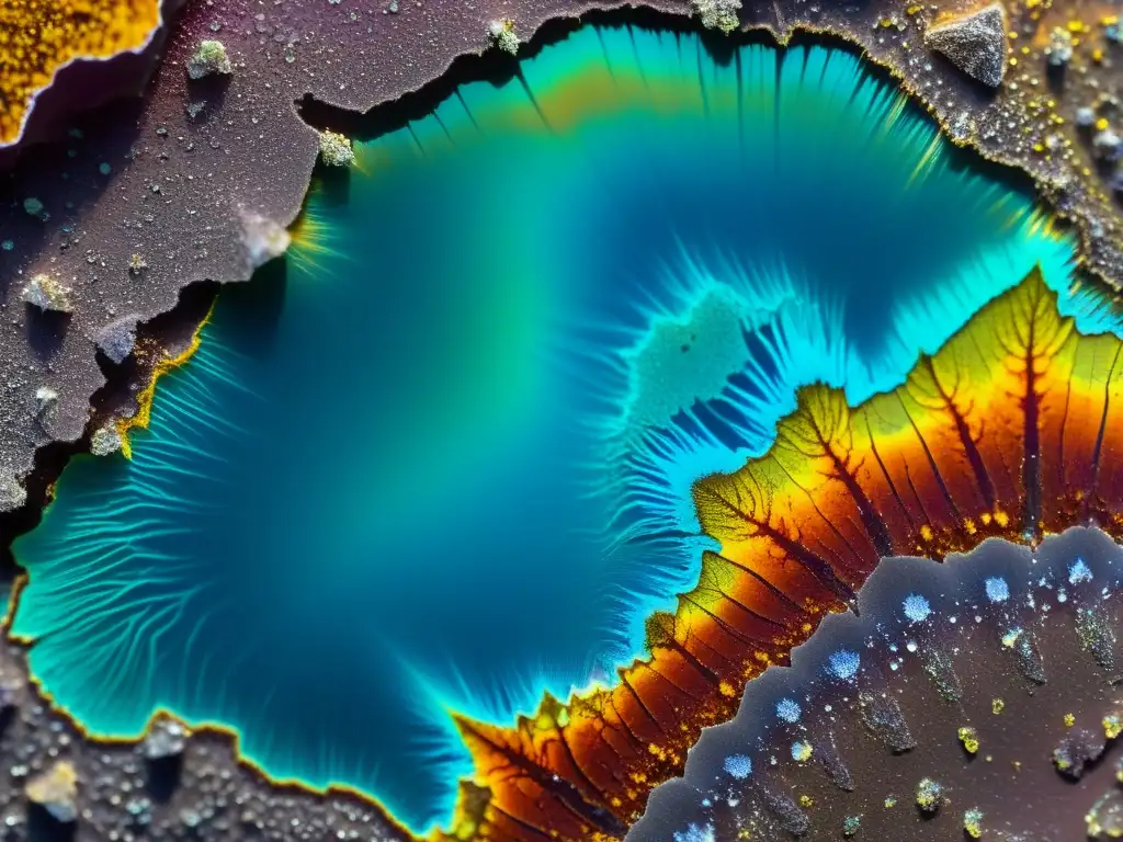 Exploración de túneles históricos: Detalle mineral de una delgada sección de roca bajo microscopio petrográfico, resaltando colores y cristales