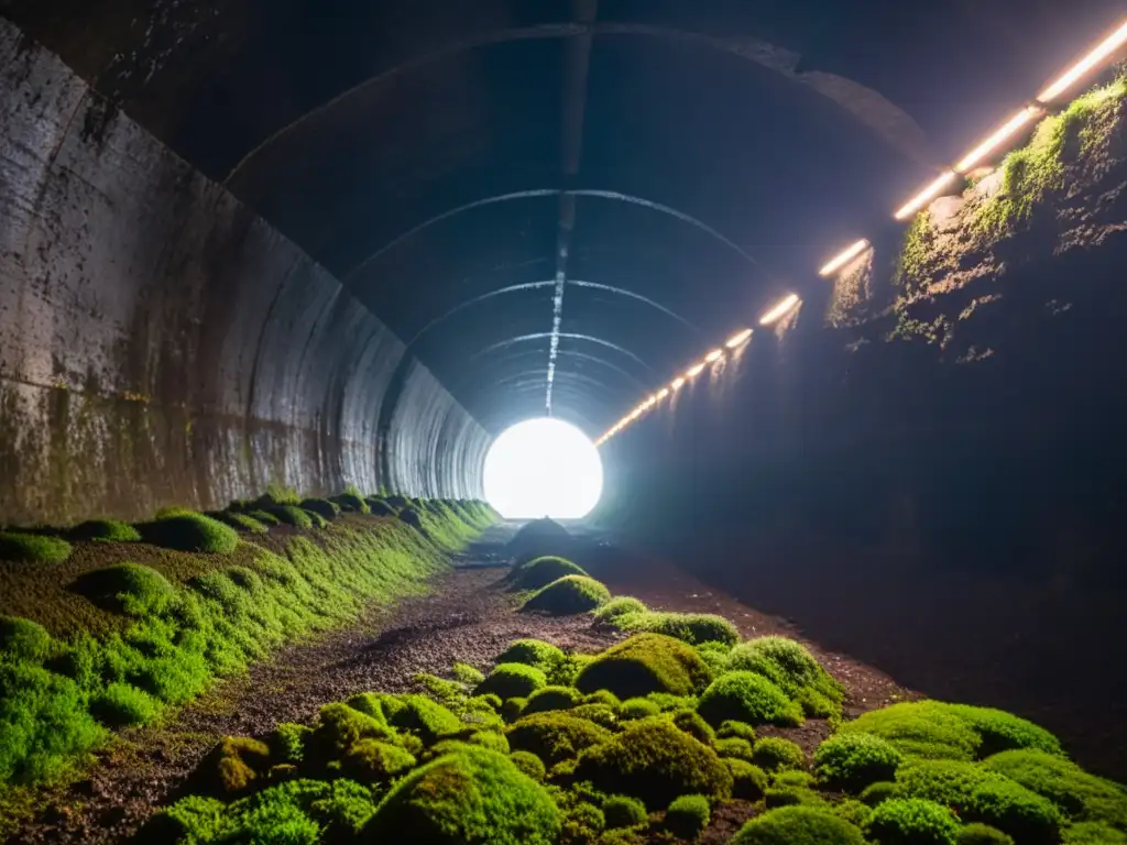 Exploración de túneles históricos con drones: un túnel subterráneo oscuro y misterioso con un drone iluminando el camino con sus luces