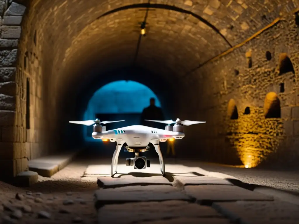 Exploración de túneles históricos con drones: Imagen de dron de alta tecnología explorando un antiguo túnel iluminado