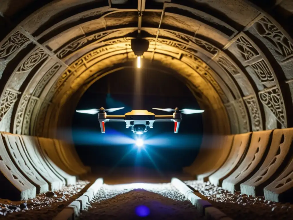 Exploración de túneles históricos con drones: Un dron iluminado explora antiguas inscripciones en un túnel misterioso, revelando un mundo olvidado