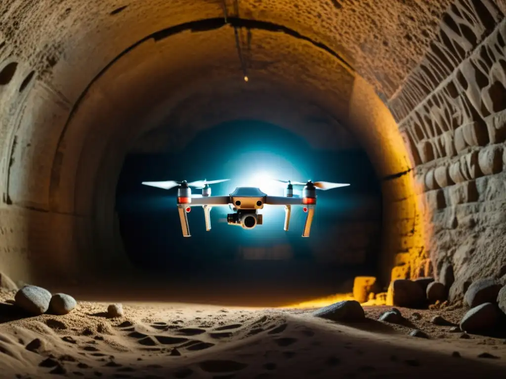 Exploración de túneles históricos con drones: drone ilumina detalles antiguos en túnel subterráneo