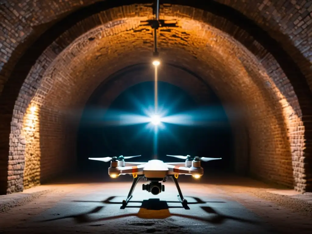 Exploración de túneles históricos con drones: Intrigante imagen documental de un dron iluminando un antiguo túnel subterráneo con arcos y ladrillos