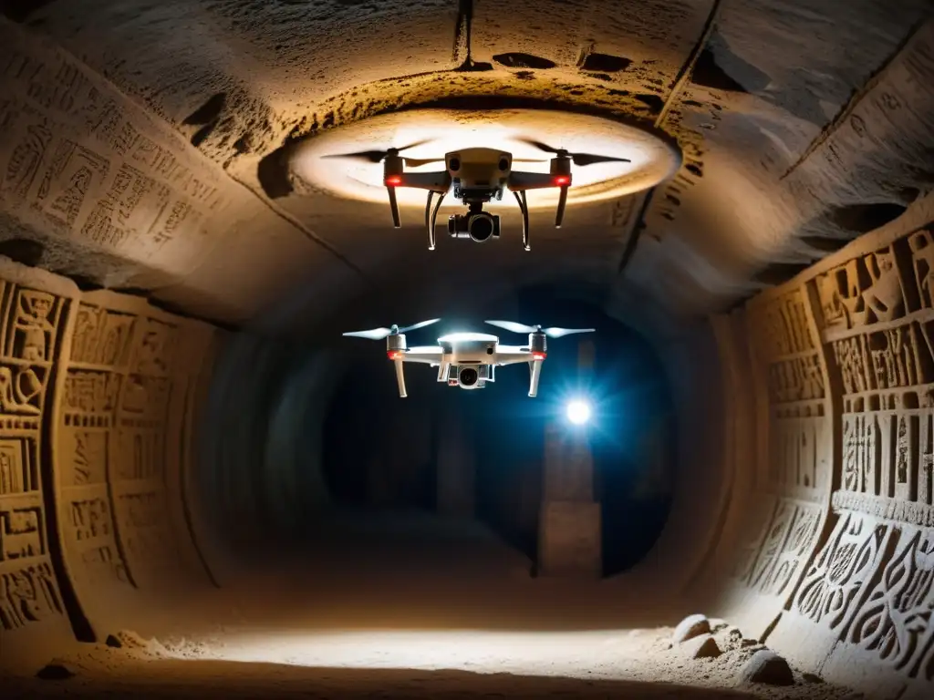 Exploración de túneles históricos con drones: Intrincadas carvings iluminadas por luces de drone en túnel subterráneo