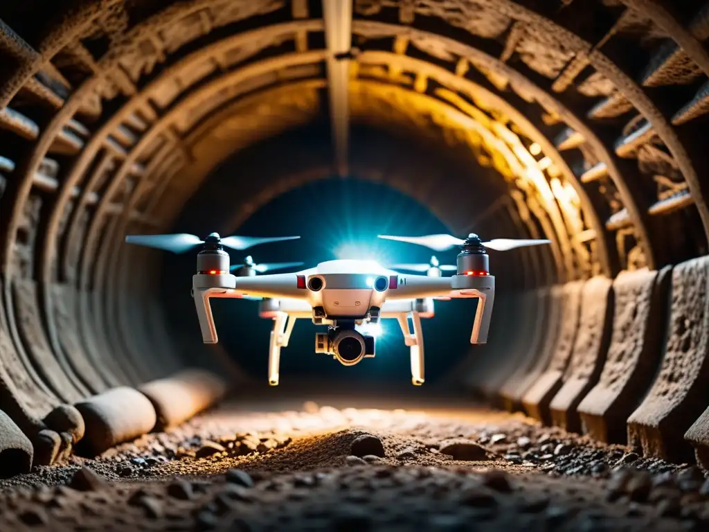 Exploración de túneles históricos con drones: un dron iluminando un antiguo túnel subterráneo, revelando su misteriosa belleza