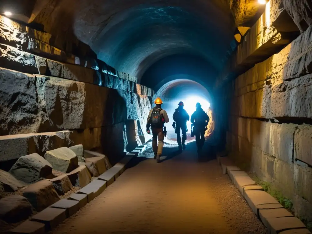 Invertir en exploración de túneles históricos: equipo de exploradores avanza con determinación y foco, sus linternas crean sombras dramáticas en las antiguas paredes de piedra, transmitiendo aventura y misterio